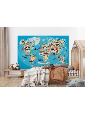 the mr east Dünya Haritası Çocuk ve Bebek Odası Hayvanlar Alemi Duvar KAĞIDI-3787