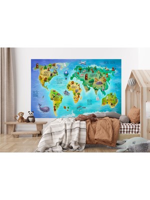 the mr east Dünya Haritası Çocuk ve Bebek Odası Hayvanlar Alemi Duvar KAĞIDI-3800