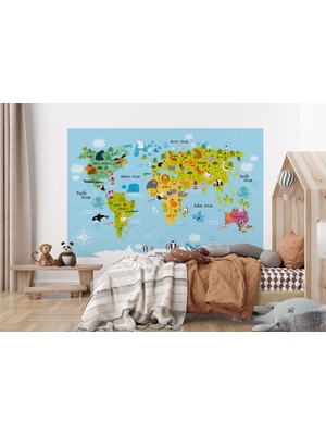 the mr east Dünya Haritası Çocuk ve Bebek Odası Hayvanlar Alemi Duvar KAĞIDI-3830