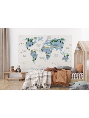 the mr east Dünya Haritası Çocuk ve Bebek Odası Hayvanlar Alemi Duvar KAĞIDI-3815