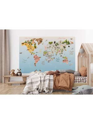 the mr east Dünya Haritası Çocuk ve Bebek Odası Hayvanlar Alemi Duvar KAĞIDI-3824