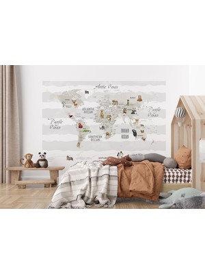 the mr east Dünya Haritası Çocuk ve Bebek Odası Hayvanlar Alemi Duvar KAĞIDI-3812