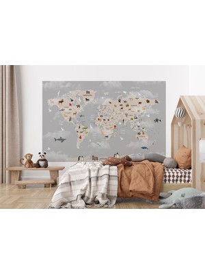the mr east Dünya Haritası Çocuk ve Bebek Odası Hayvanlar Alemi Duvar KAĞIDI-3793