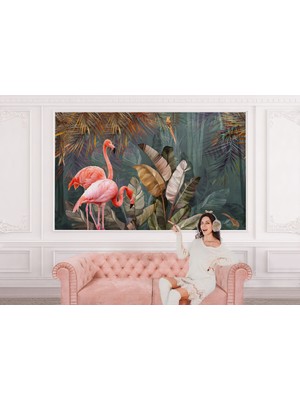 the mr east Pembe Filamingolar Yağlıboya Görünüm Dekoratif Duvar KAĞIDI-3700