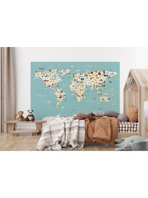 the mr east Dünya Haritası Çocuk ve Bebek Odası Hayvanlar Alemi Duvar KAĞIDI-3786