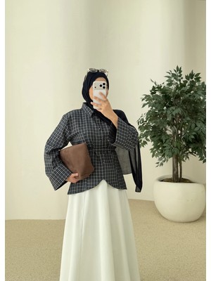 Moda Aksa 2000 Bel Detaylı Ekose Mavi Geçişli Gömlek