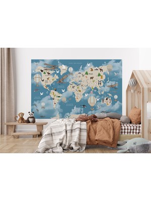 the mr east Dünya Haritası Çocuk ve Bebek Odası Hayvanlar Alemi Duvar KAĞIDI-3827