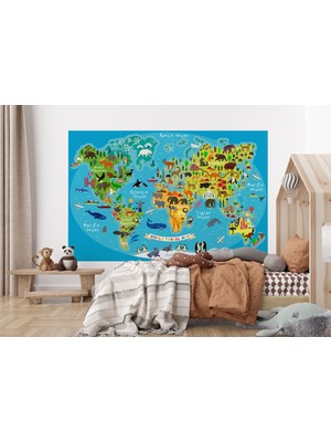 the mr east Dünya Haritası Çocuk ve Bebek Odası Hayvanlar Alemi Duvar KAĞIDI-3808