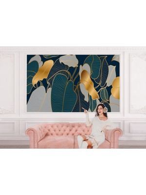 the mr east Altın Detaylı Tropical Yapraklar Desenli Duvar KAĞIDI-5623