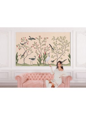 the mr east Kuşburnu Ağacı ve Kuşlar Desenli Dekoratif Duvar KAĞIDI-5619
