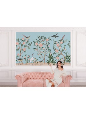 the mr east Pembe Çiçekli Ağaç ve Kuşlar Duvar KAĞIDI-5620