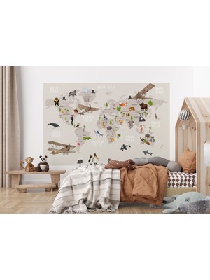 the mr east Dünya Haritası Çocuk ve Bebek Odası Hayvanlar Alemi Duvar KAĞIDI-3797
