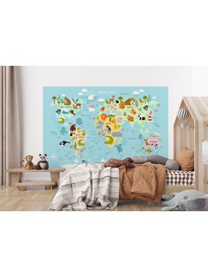 the mr east Dünya Haritası Çocuk ve Bebek Odası Hayvanlar Alemi Duvar KAĞIDI-3782