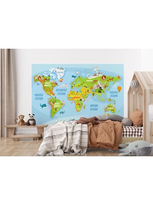 the mr east Dünya Haritası Çocuk ve Bebek Odası Hayvanlar Alemi Duvar KAĞIDI-3778