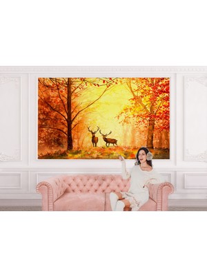 the mr east Sonbahar ve Ormandaki Geyikler Yağlıboya Görünüm Duvar KAĞIDI-3643