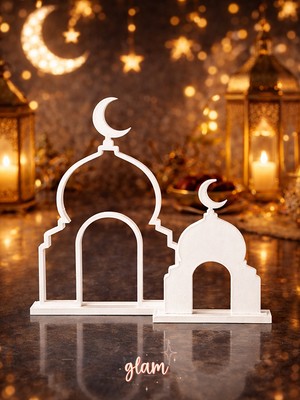 Glam Dekorasyon Beyaz Camii Ramazan Dekoratif 2’li Set Hediyelik Islami Dekorasyon Masa Sofra Süsü Ramazan Bayramı