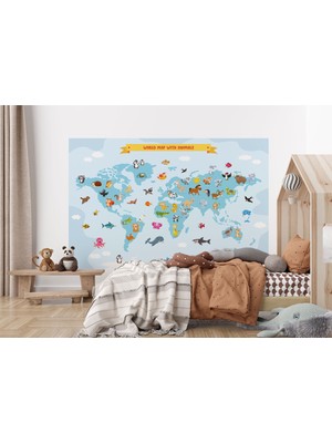 the mr east Dünya Haritası Çocuk ve Bebek Odası Hayvanlar Alemi Duvar KAĞIDI-3791