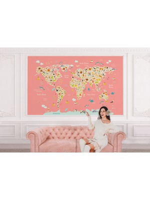 the mr east Kız Çocuğu Bebek Odası Hayvan Figürlü Dünya Haritası Duvar Kağıdı -1045