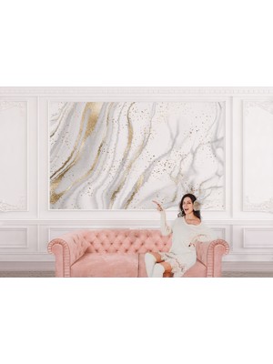 the mr east Altın ve Beyaz Soyut Mermer Desenli Duvar KAĞIDI-5538