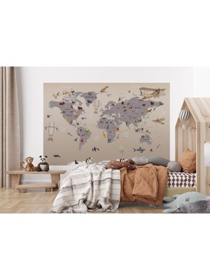 the mr east Dünya Haritası Çocuk ve Bebek Odası Hayvanlar Alemi Duvar KAĞIDI-3814