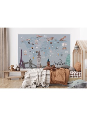 the mr east Dünya Haritası Çocuk ve Bebek Odası Hayvanlar Alemi Duvar KAĞIDI-3820