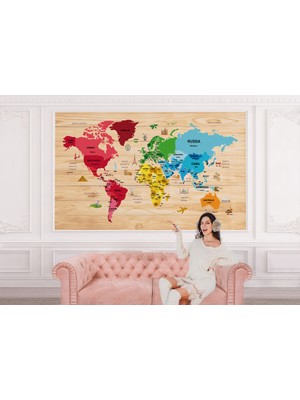 the mr east Ingilizce Dünya Haritası Duvar Kağıdı Ahşap Görünümlü Detaylı -2107