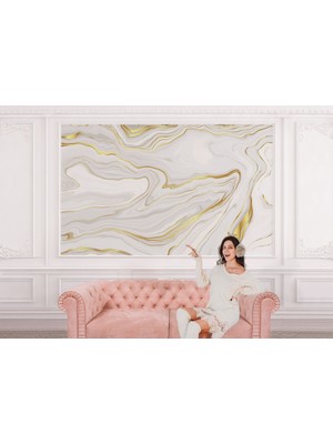 the mr east Altın ve Beyaz Soyut Mermer Desenli Duvar KAĞIDI-5523