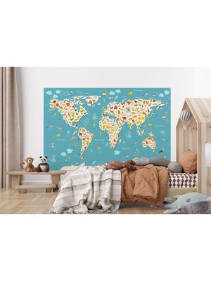 the mr east Dünya Haritası Çocuk ve Bebek Odası Hayvanlar Alemi Duvar KAĞIDI-3776