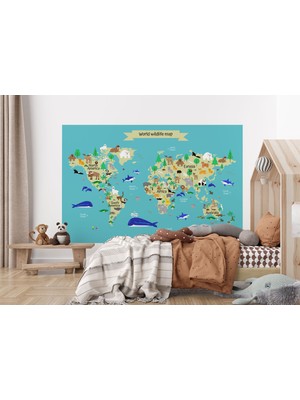 the mr east Çocuk ve Bebek Odası Dünya Haritası Duvar Kağıdı Hayvanlar Alemi Eğitici ve Öğretici -3829