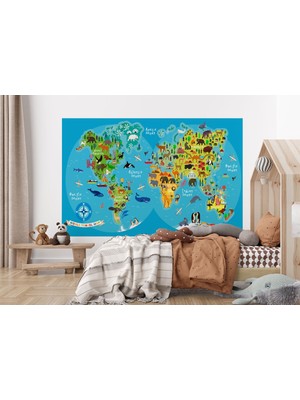 the mr east Dünya Haritası Çocuk ve Bebek Odası Hayvanlar Alemi Duvar KAĞIDI-3805
