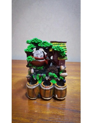 Genel Su Değirmeni Üç Fıçılı, Küp Dekoratif LED Işıklı Şelale Biblo Hediyelik Yeşil Doğa Temalı