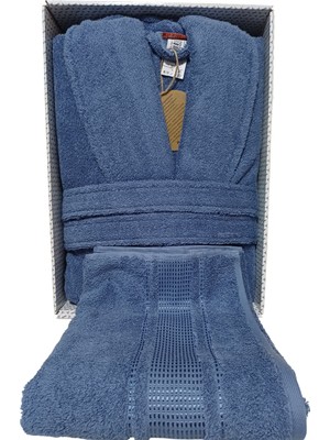 Özdilek Colourist Şalyaka Bornoz + Baş Havlusu - Indigo %100 Pamuk