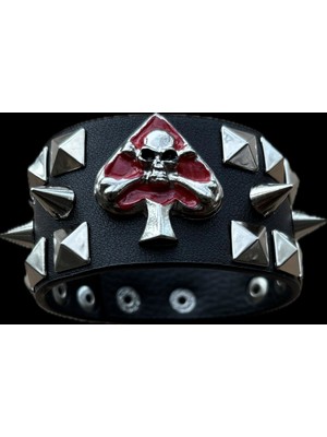 Metal Giyim Kırmızı Maça Kurukafa Detaylı Bileklik