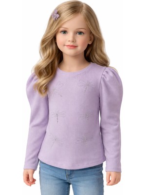 İrem Çocuk Giyim Kız Çocuk Balon Kol Model Yanları Ip Büzgü Ayarlamalı Yusufçuk Taşlı Lila Renk Uzun Kol Badi
