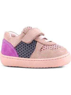 Rakerplus Bob Hakiki Deri Pudra Gri Mor Barefoot Cırtlı Lastikli Bebek Sneaker Ayakkabı