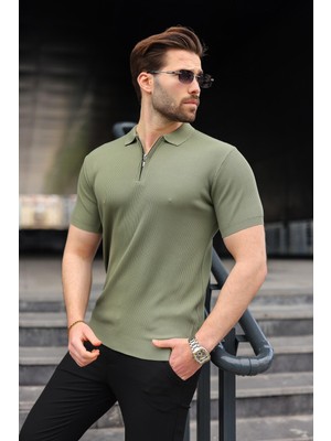 Madmext Haki Yarım Fermuarlı Polo Yaka Triko Erkek Tişört E7459