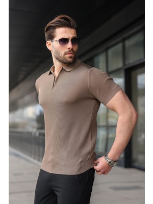 Madmext Açık Kahverengi Yarım Fermuarlı Polo Yaka Triko Erkek Tişört E7459