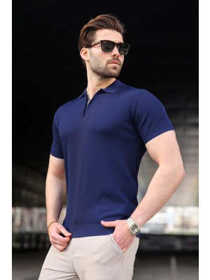 Madmext Lacivert Yarım Fermuarlı Polo Yaka Triko Erkek Tişört E7459