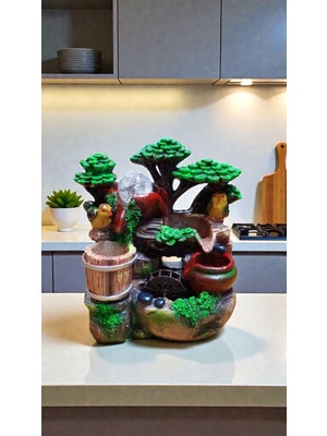 Genel Su Değirmeni Kuş Figürlü Fıçı Küp Dekoratif LED Işıklı Şelale Biblo Hediyelik Doğa Temalı