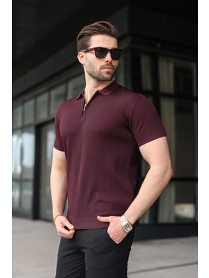 Madmext Mürdüm Yarım Fermuarlı Polo Yaka Triko Erkek Tişört E7459