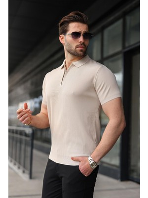 Madmext Taş Rengi Yarım Fermuarlı Polo Yaka Triko Erkek Tişört E7459