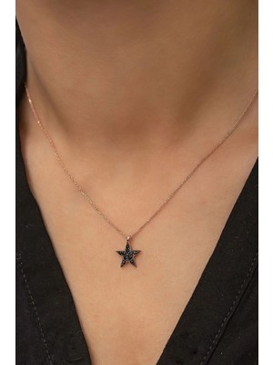 925 Ayar Papatya Silver Siyah Taşlı Yıldız Kolye.rose.gold.rodaj