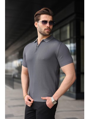 Madmext Antrasit Yarım Fermuarlı Polo Yaka Triko Erkek Tişört E7459