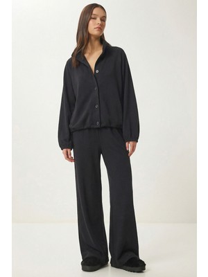 Happiness İstanbul Dik Yaka Düğmeli Alt-Üst Modal Takım LBY0036 Siyah