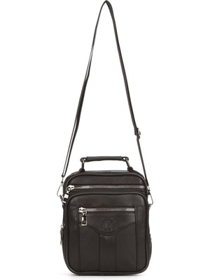 Newish Erkek Siyah Hakiki Deri Çelik Kasalı Fermuarlı El ve Omuz Çantası  NEW382