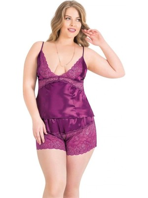 Aria's Closet Arias Closet Büyük Beden Mor Saten Babydoll Şort Takımı