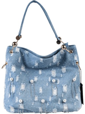 Guja C1086 Kadın Taşlı Premium Denim Omuz Çantası Mavi