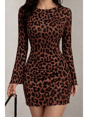 Stelol Kadın Uzun Kollu Bisiklet Yaka Leopar Desenli Dalgıç Mini Elbise