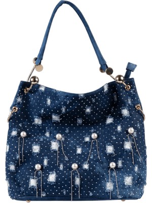 Guja C1086 Kadın Taşlı Premium Denim Omuz Çantası Lacivert