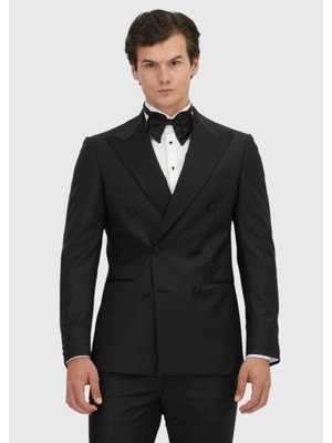 Ramsey Siyah Slim Fit Kruvaze Yaka Dokuma Smokin Takım Elbise